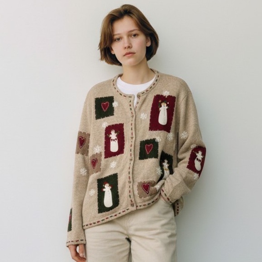 Vintage Grandmacore Snowman Hearts Patchwork Cardigan Women Large Beige Winter